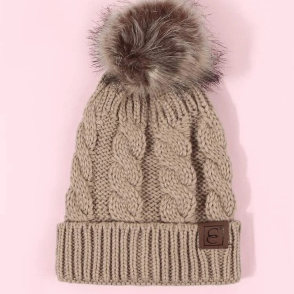Khaki Brown Knit Beanie with Pom Pom - Picture 2 of 2
